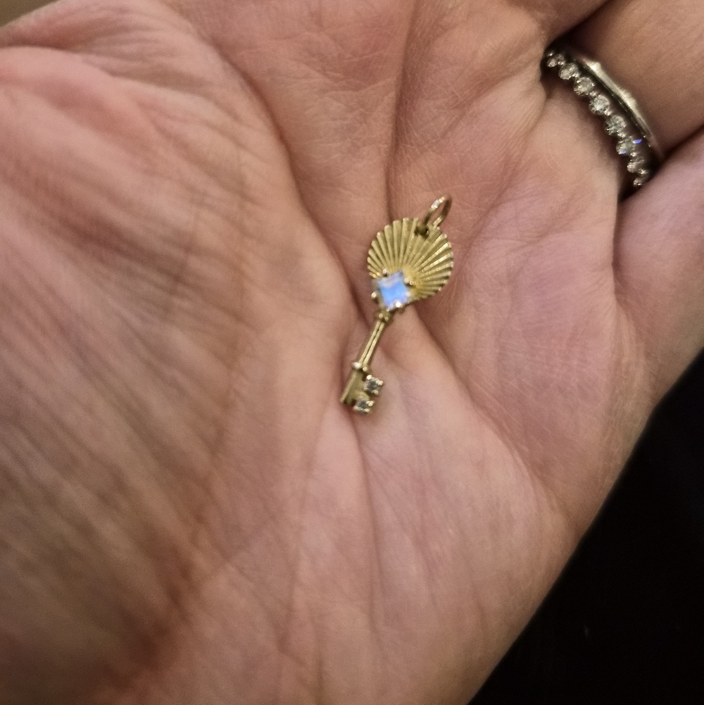 14k Gold Key Pendant with Moonstone And Diamonds